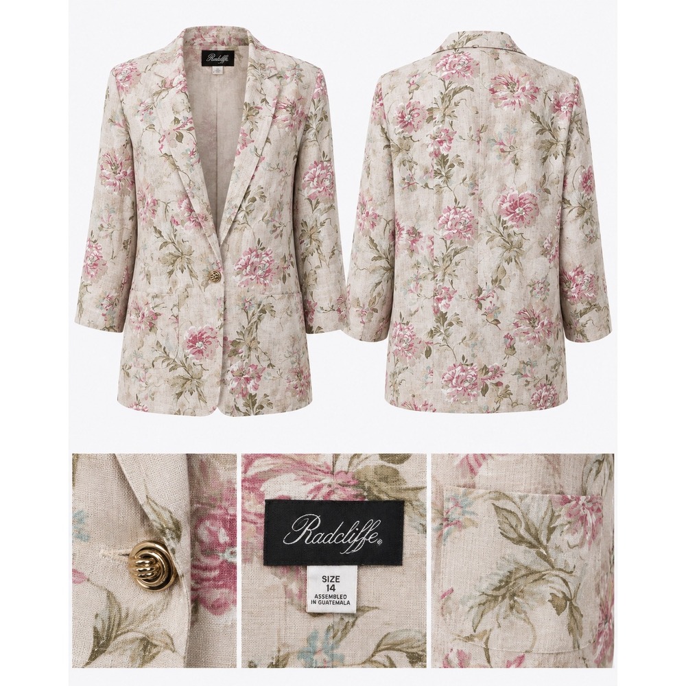 Floral Linen Blend Blazer Size 14 Gold Button Cottagecore